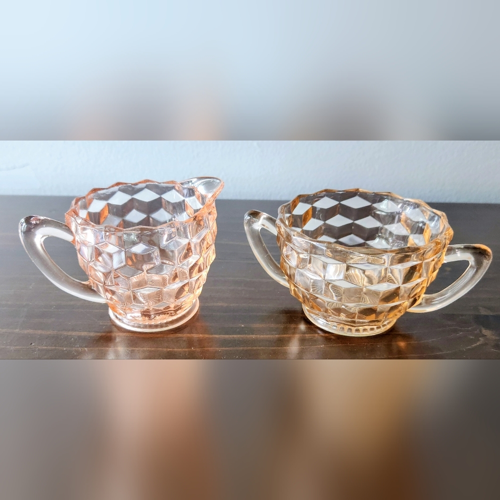 Vintage 1930s Pink Depression Glass Cream & Sugar Bowl Jeannette Cubist Style